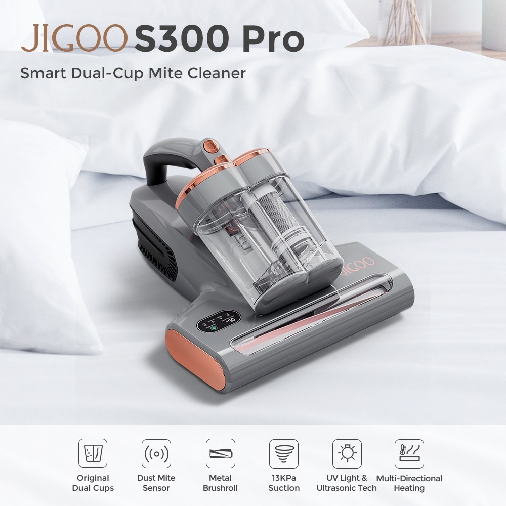 Aspirator pentru indepartarea acarienilor JIGOO S300 Pro, Aspirator pentru pat, putere 500 W, sterilizare prin caldura UV, putere de aspirare 13 kPa