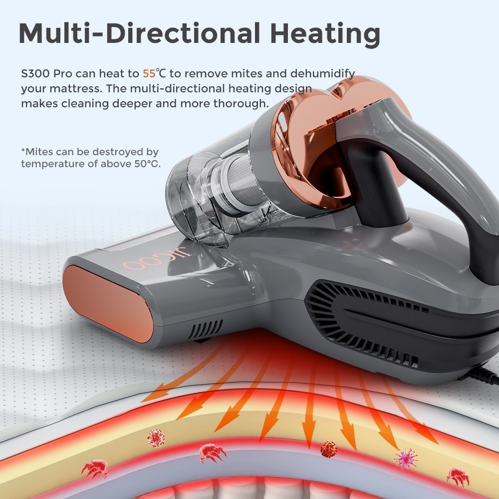 Aspirator pentru indepartarea acarienilor JIGOO S300 Pro, Aspirator pentru pat, putere 500 W, sterilizare prin caldura UV, putere de aspirare 13 kPa
