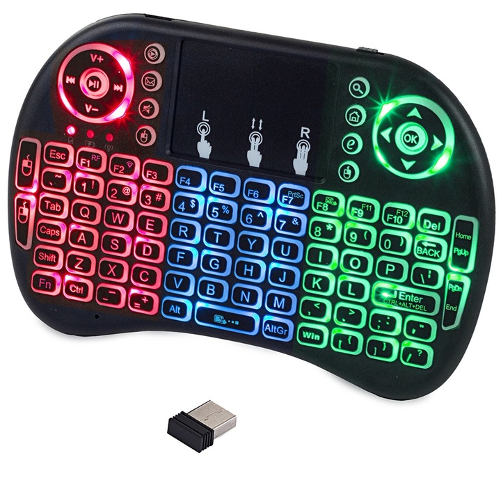 Mini tastatura cu touchpad, wireless, iluminata in 3 culori, reincarcabila, pentru PC, laptop, TV, Xbox 360, PS3, Dactylion®