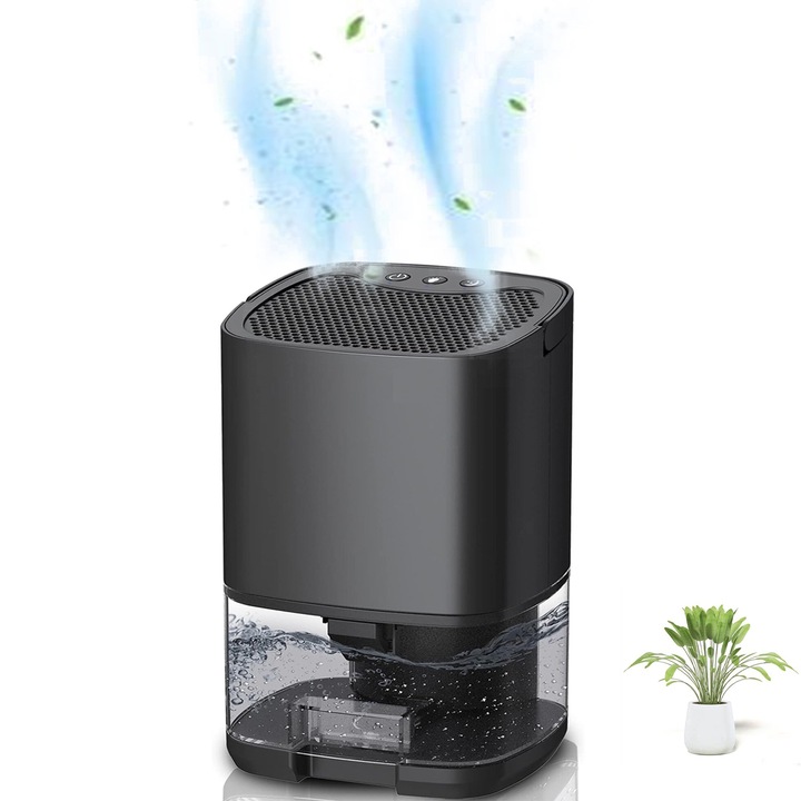 Dezumidificator pentru Casa, Portabil, Silentios pentru Dormitor, Rezervor 1L, Subsol, Baie, Bucatarie, Doua moduri de Lucru, 7 lumini LED, Negru