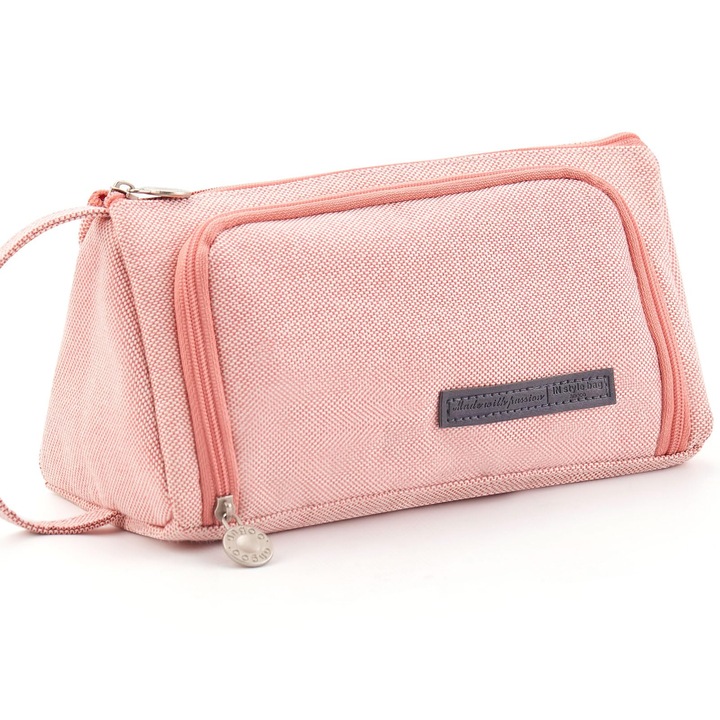 Ученически моливник с дръжка за чанта, 2 ципа, 50 части, екипиран текстил 21x8.5x10.5 cm, enkourakoko®, Розов