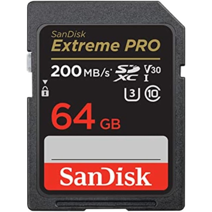 Card de memorie SanDisk Extreme PRO SDXC, pentru camere mirrorless 4K, 64GB, viteze de citire/scriere de 200MB/s si 90MB/s, UHS-I, Clasa 10, U3, V30