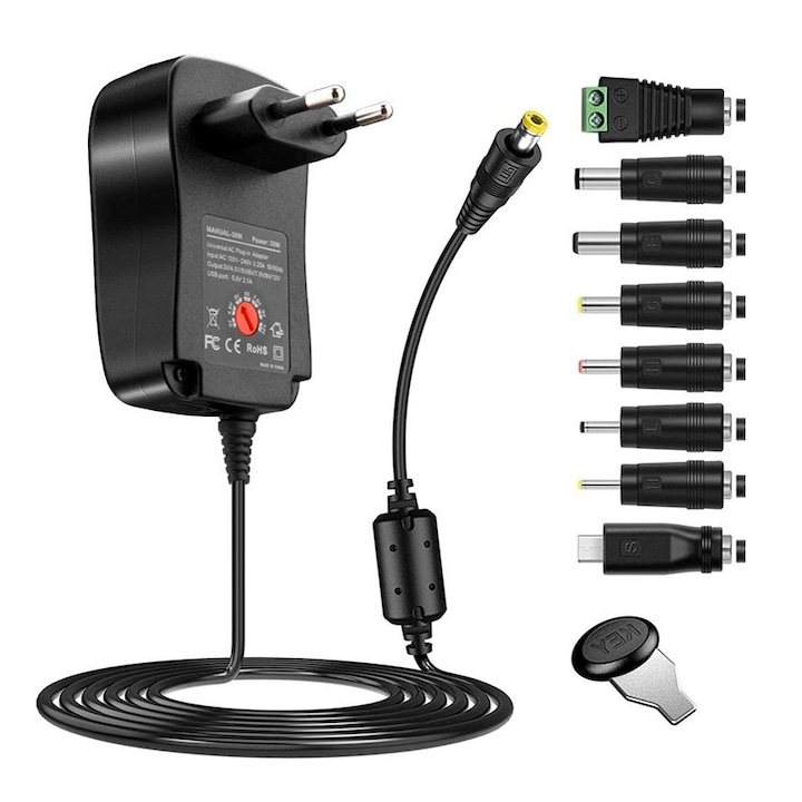 Alimentator Stabilizat Reglabil, AEWOYAD, 30W, 3V-12V, adaptor multitensiune, Negru
