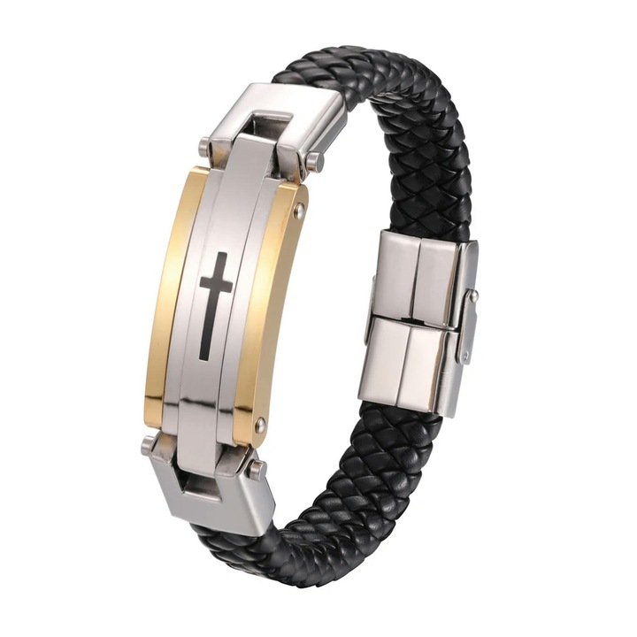 Bratara pentru barbati retro, Piele/Inox, Auriu/Argintiu