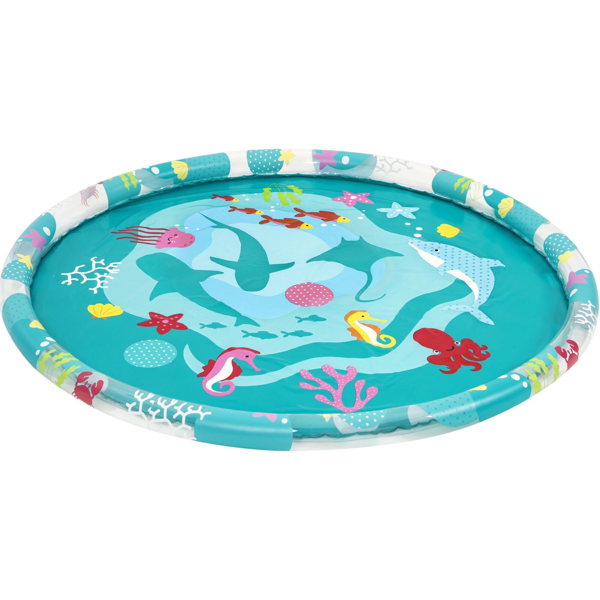 Piscina de copii cu stropitoare, Bestway, diametru 165 cm, cu gauri pentru stropire, loc de joaca, multicolor