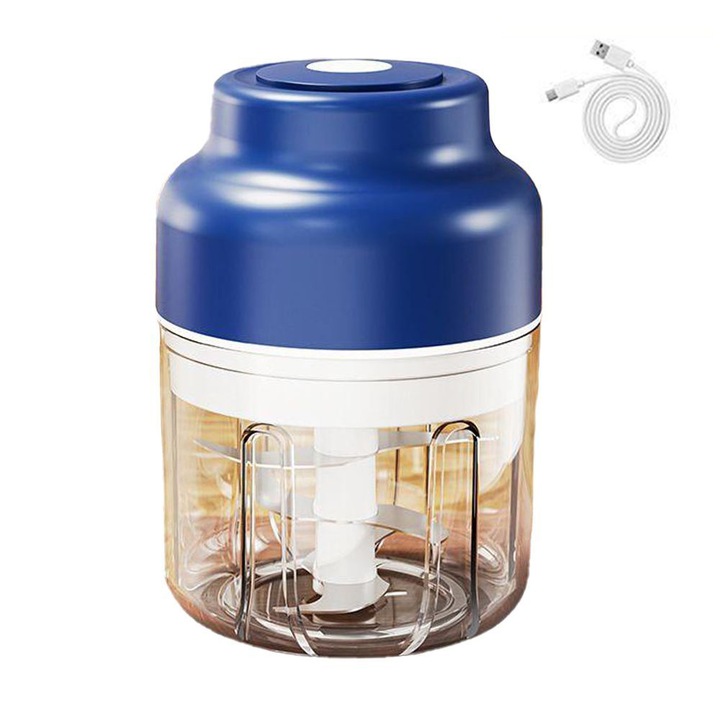 Mini tocator electric, Hokretme, 1500 RPM, lame de otel, baterie reincarcabila, USB, albastru