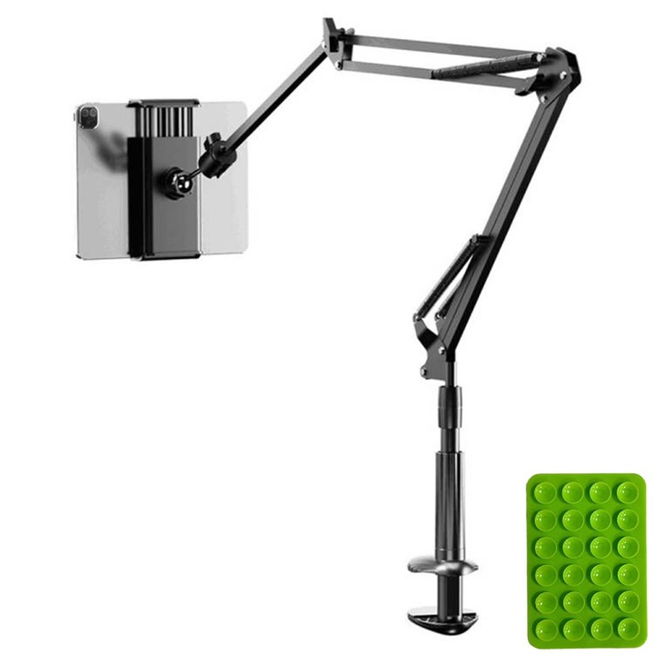 Поставка за мобилен телефон iPad, 2 в 1, скоба за маса, въртяща се в 3 секции, предлага се със силиконова вендуза, черна