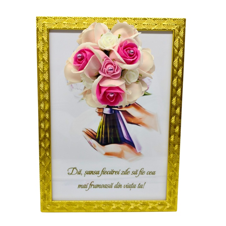 Tablou in rama A4 (30x21 cm) - Da sansa fiecarei zile sa fie cea mai frumoasa din viata ta! - v14 decorat cu flori de sapun roz deschis