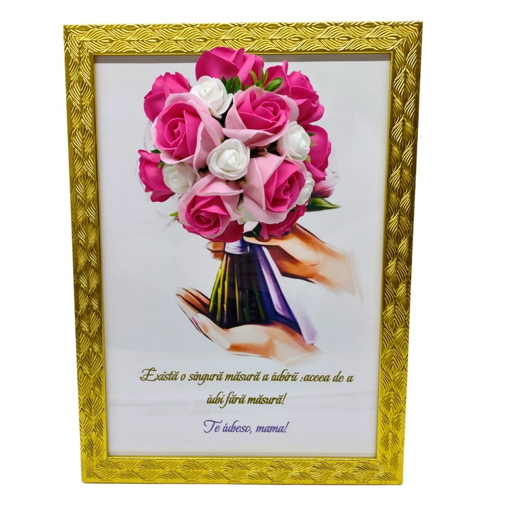 Tablou in rama A4 (30x21 cm) - Exista o singura masura a iubirii, accea de a iubi fara masura! Te iubesc! - v14 decorat cu flori de sapun roz - roz inchis