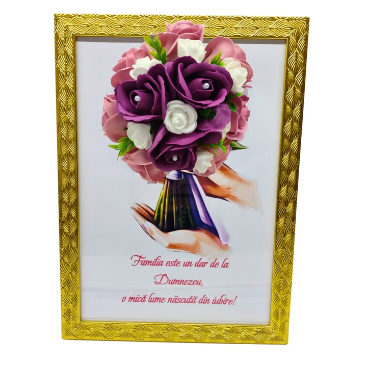 Tablou in rama A4 (30x21 cm) - Familia este un dar de la Dumnezeu, o mica lume nascuta din iubire! - v14 decorat cu flori de sapun roz - visiniu