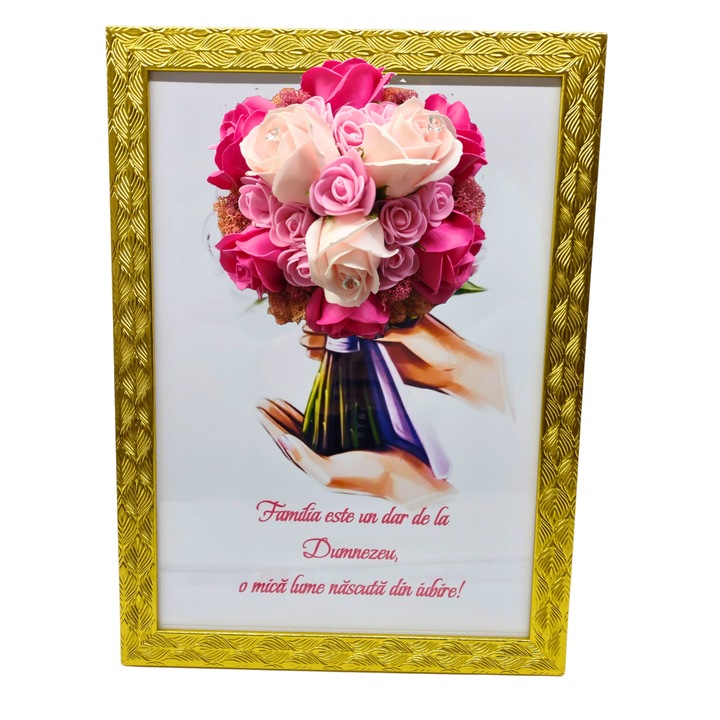 Tablou in rama A4 (30x21 cm) - Familia este un dar de la Dumnezeu, o mica lume nascuta din iubire! - v14 decorat cu flori de sapun roz - roz pal