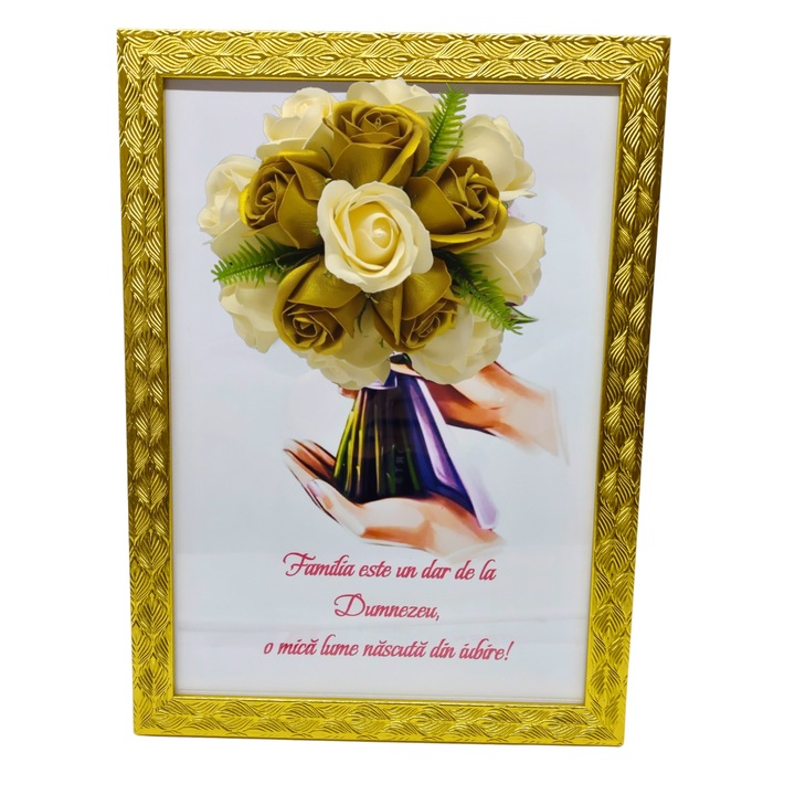 Tablou in rama A4 (30x21 cm) - Familia este un dar de la Dumnezeu, o mica lume nascuta din iubire! - v14 decorat cu flori de sapun galben - auriu