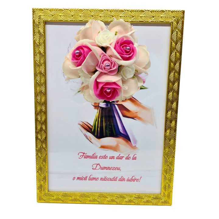 Tablou in rama A4 (30x21 cm) - Familia este un dar de la Dumnezeu, o mica lume nascuta din iubire! - v14 decorat cu flori de sapun roz deschis