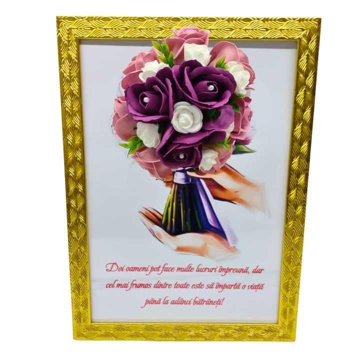 Tablou in rama A4 (30x21 cm) - Doi oameni pot face multe lucruri impreuna - v14 decorat cu flori de sapun roz - visiniu