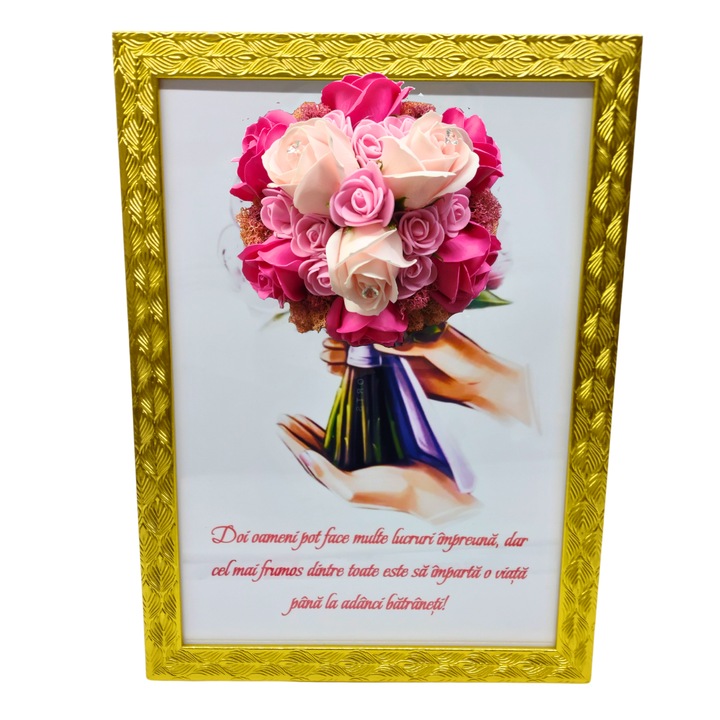 Tablou in rama A4 (30x21 cm) - Doi oameni pot face multe lucruri impreuna -v14 decorat cu flori de sapun roz - roz pal