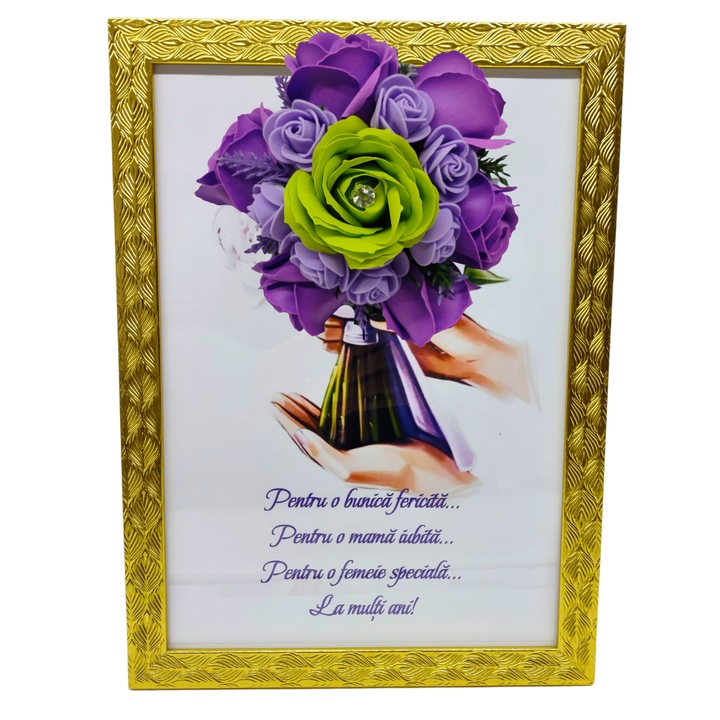 Tablou in rama A4 (30x21 cm) - Pentru o bunica fericita, pentru o mama iubita, pentru o femeie speciala, la multi ani! - v14 decorat cu flori de sapun mov - verde