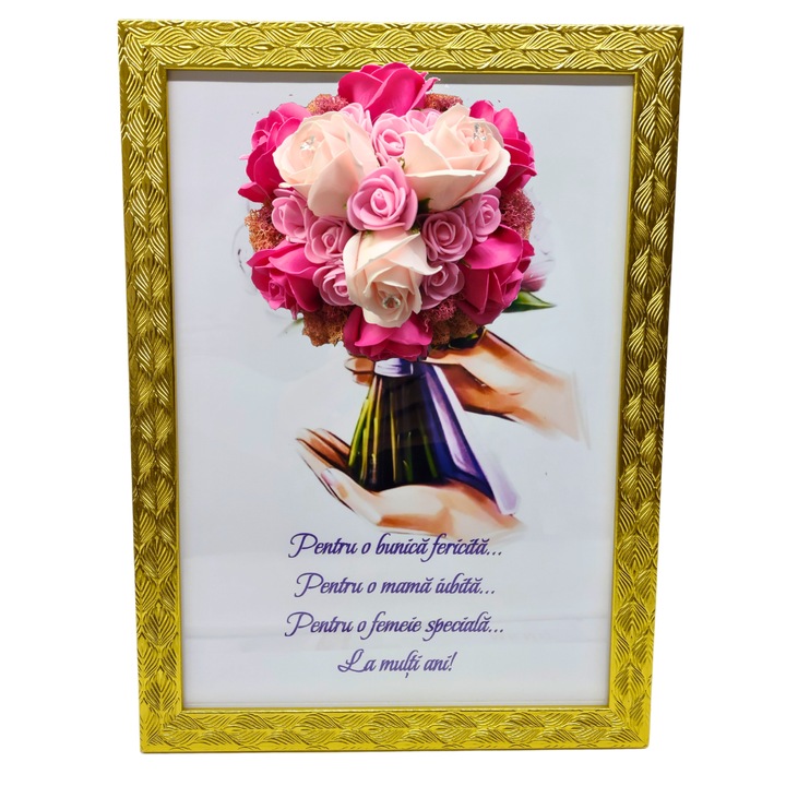 Tablou in rama A4 (30x21 cm) - Pentru o bunica fericita, pentru o mama iubita, pentru o femeie speciala, la multi ani! - v14 decorat cu flori de sapun roz - roz pal