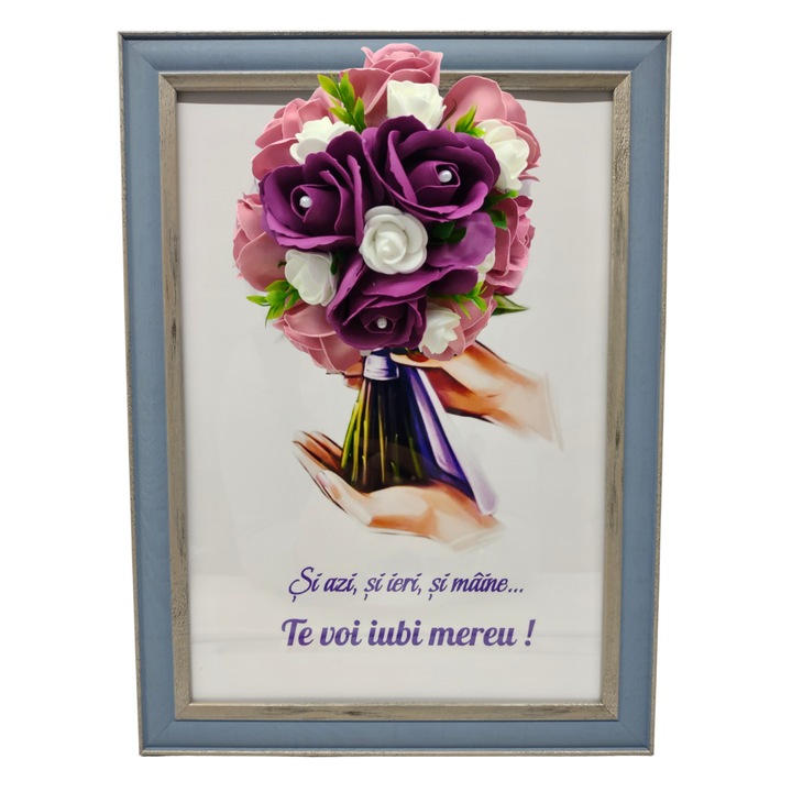 Tablou in rama A4 (30x21 cm) - Si azi, si ieri, si maine...Te voi iubi mereu!-v15 decorat cu flori de sapun roz-visiniu