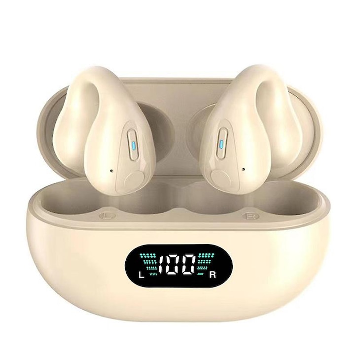 Безжични слушалки ZEEVOS r15, open-ear, bluetooth 5.3, истинска безжична връзка, щипка за ухото, сензорно управление, HD звук, пространствено насочено предаване без загуба на звук, устойчивост на влага, съвместимост, кремаво