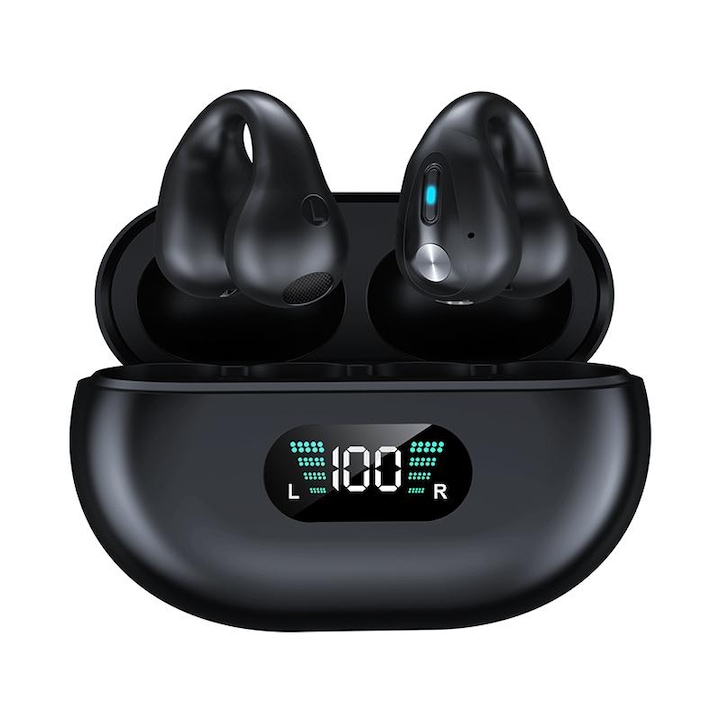 Безжични слушалки ZEEVOS r15, open-ear, bluetooth 5.3, истинска безжична връзка, спортен модел клипс за ухото, безплатен клипс, сензорно управление, HD звук, без загуба на звук, устойчивост на влага, съвместимост, черни