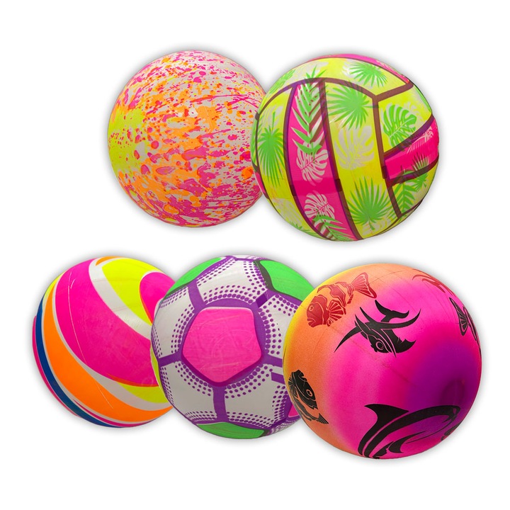 Set de 5 mingi de cauciuc, material usor, marime 18-20cm, culori fosforescente, VisionXXI
