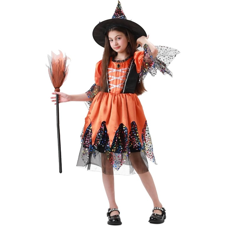 Halloween jelmez gyerekeknek, Boszorkány modell, 3 darabos szett - Ruha, Kalap és Sál, lányok cosplay ruhája, buli, álarcosbál, 140-es méret, Fekete / Narancs
