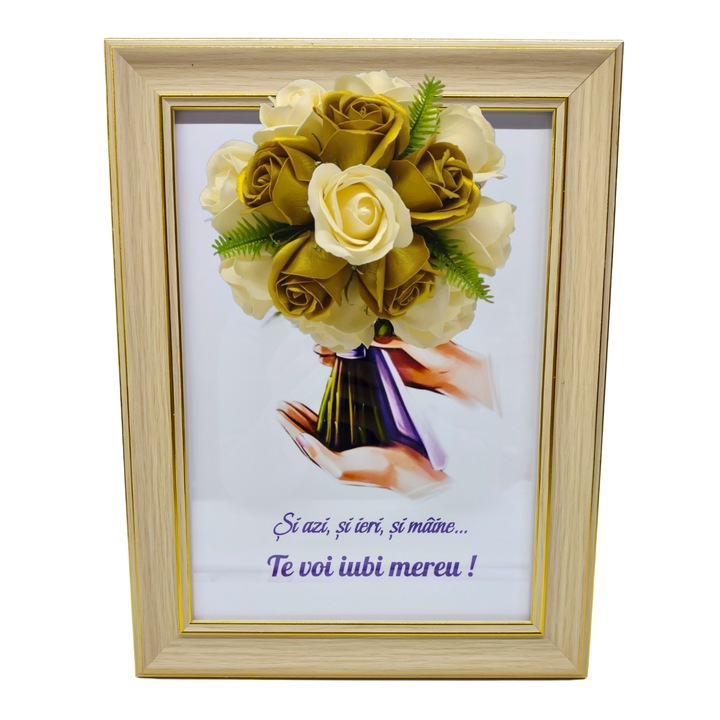 Tablou in rama A4 (30x21 cm) - Si azi, si ieri, si maine...Te voi iubi mereu! - v16 decorat cu flori de sapun auriu - galben