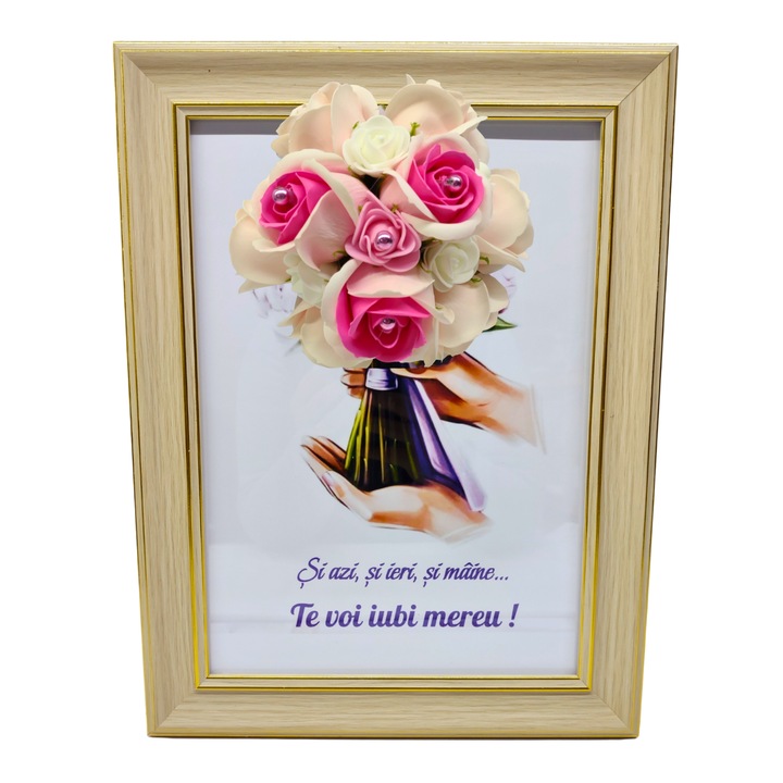 Tablou in rama A4 (30x21 cm) - Si azi, si ieri, si maine...Te voi iubi mereu! - v16 decorat cu flori de sapun roz deschis