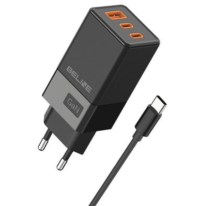 Мрежово зарядно устройство, Beline, 65W, 2x USB-C PD 3.0, 1x USB-A QC 3.0, черно, включен USB-C кабел
