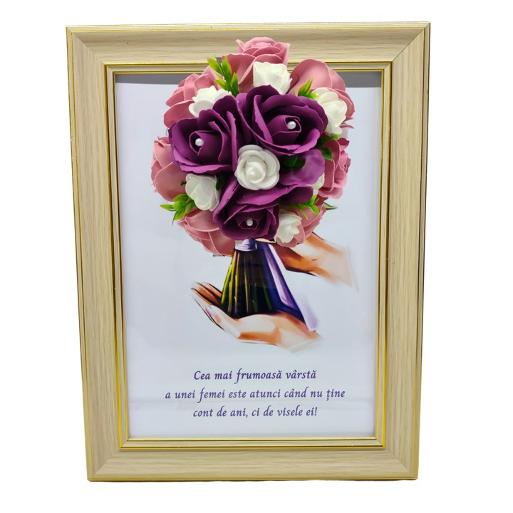 Tablou in rama A4 (30x21 cm) - Cea mai frumoasa varsta a unei femei este atunci cand nu tine cont de ani - v16 decorat cu flori de sapun roz - visiniu