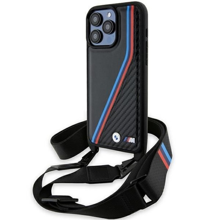 BMW BMHCP15L23PSVTK iPhone 15 Pro 6.1" készülékhez keménytok M Edition Carbon Tricolor Lines & Strap fekete
