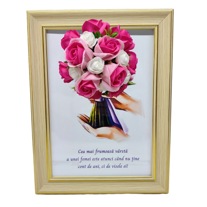 Tablou in rama A4 (30x21 cm) - Cea mai frumoasa varsta a unei femei este atunci cand nu tine cont de ani - v16 decorat cu flori de sapun roz - roz inchis