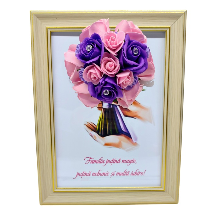 Tablou in rama A4 (30x21 cm) - Familia putina magie, putina nebunie si multa iubire - v16 decorat cu flori de sapun mov - roz
