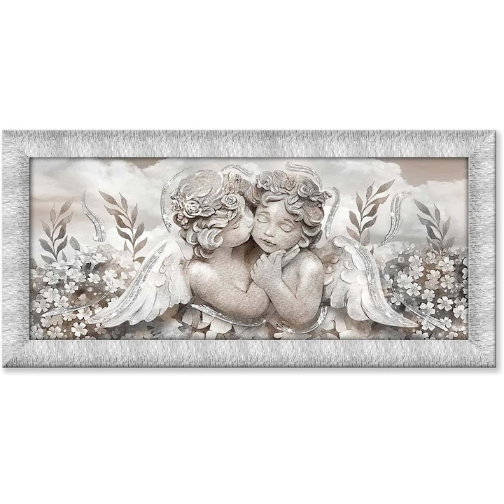 Festmény angyalokkal - GIOVY, fa kerettel, kézzel készített vászon, 63 x 133 cm, ezüst