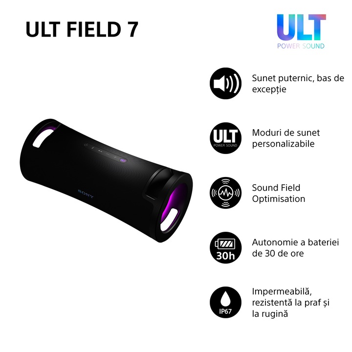 Boxa portabila Sony ULT FIELD 7, Ultimate Deep BASS, Bluetooth 5.2, Rezistenta la apa IP67, Iluminare LED, Intrare microfon, Autonomie 30 ore, Negru