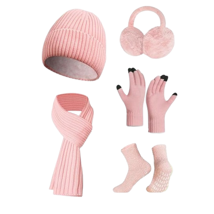 Női téli szett, 5 részes - sapka, sál, zokni, érintőképernyős kesztyű és fülvédő, univerzális méret, rózsaszín