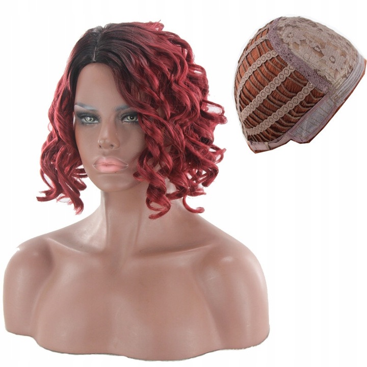 Peruca din par sintetic, Parul Ondulat, Bucla, Pe Grila, 40 cm, Rosu