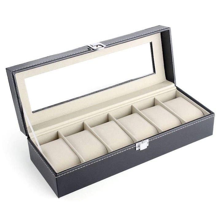Cutie depozitare pentru ceasuri, cu 6 compartimente, cu perne detasabile, moi, din piele ecologica, negru/crem
