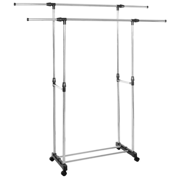 Етажерка за дрехи на колела, двойна релса, регулируема по височина и ширина, хромиран алуминий, 155x45x150 см, сребриста