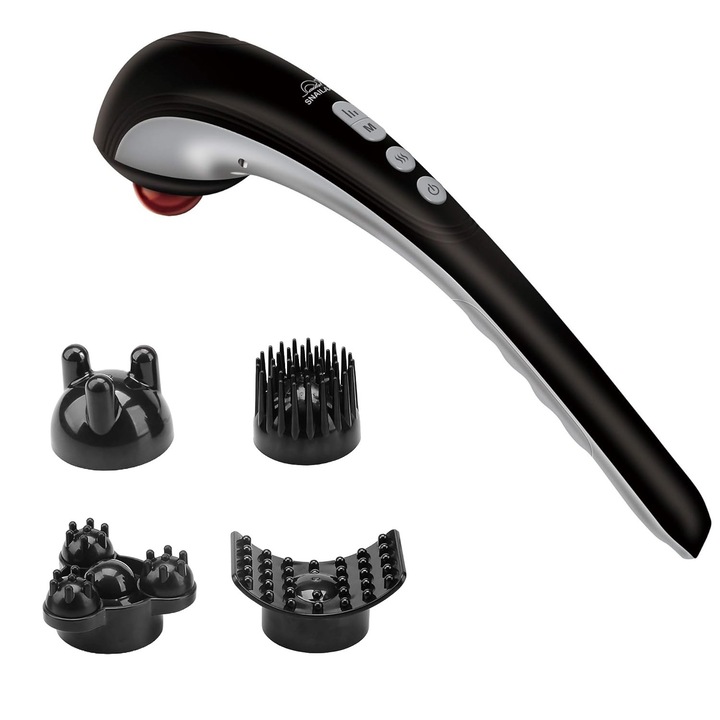 Aparat de masaj profesional Snailax, cu functie de caldura, multifunctional, portabil, reincarcabil, 4 capete, 3 moduri si 3 intensitati reglabile, cu maner ergonomic, pentru gat, spate si umeri