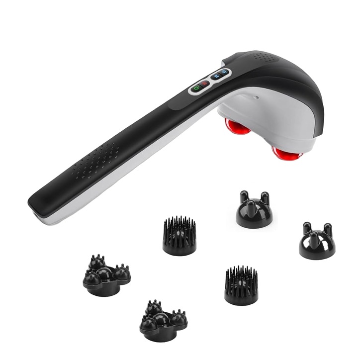 Aparat de masaj profesional Snailax, cu functie de caldura pe 2 zone, multifunctional, portabil, reincarcabil, 3200 pulsatii pe minut, 3 capete, 3 moduri si 3 intensitati cu maner ergonomic, pentru gat, spate, umeri