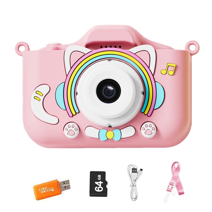 Digitális fényképezőgép gyerekeknek, Yulinland, dupla kamera, Levehető szíj, szilikon védelem, 64 GB-os kártya, 96 millió pixel, 2,0 hüvelyk, 1000 mAh, 1080p, fotó/videó funkció, ABS, Pink