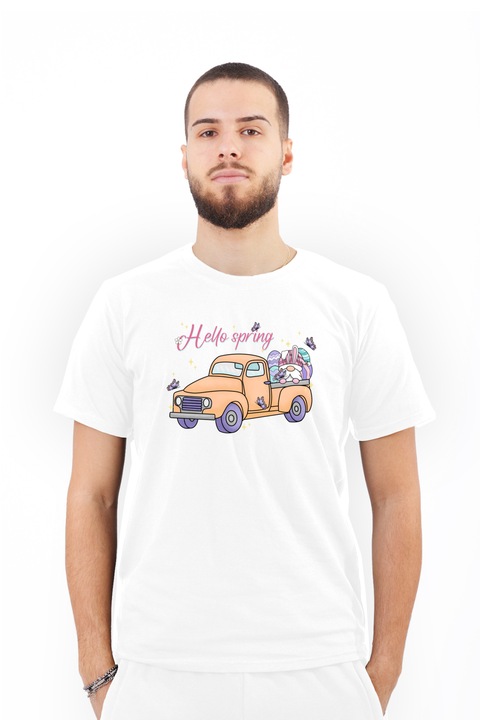 Húsvéti hello tavaszi teherautó mintás férfi póló, pamut, fehér, 2XL