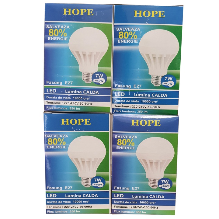 4 db LED izzó csomag, HOPE R, E27, 7W, 2700K, meleg fény, 350 Lm