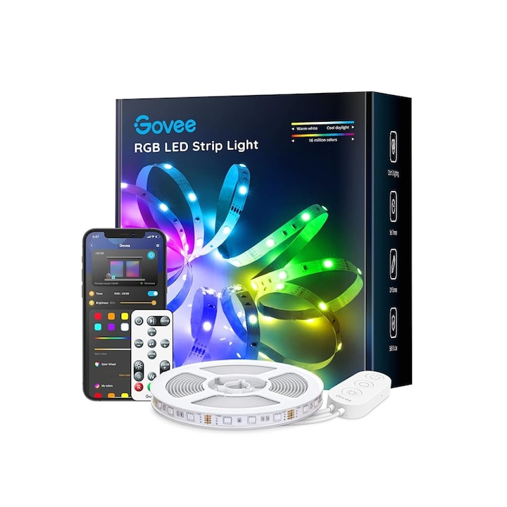 Banda LED RGB inteligenta Govee H6138, Wi-Fi, Bluetooth, sincronizare muzica, lumina colorata, 5m, compatibil Google Assistant & Alexa