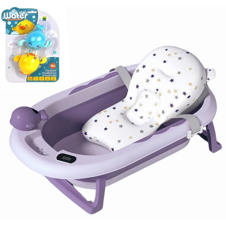 LittleDomi® összecsukható kád hipoallergén fürdőpárnával babáknak, 0-18 hónap, beépített hőmérő, zuhanyfej és szappantartó, leeresztő dugó, játékszerű öblítőpohár, csúszásmentes lábak, akasztólyuk, lila