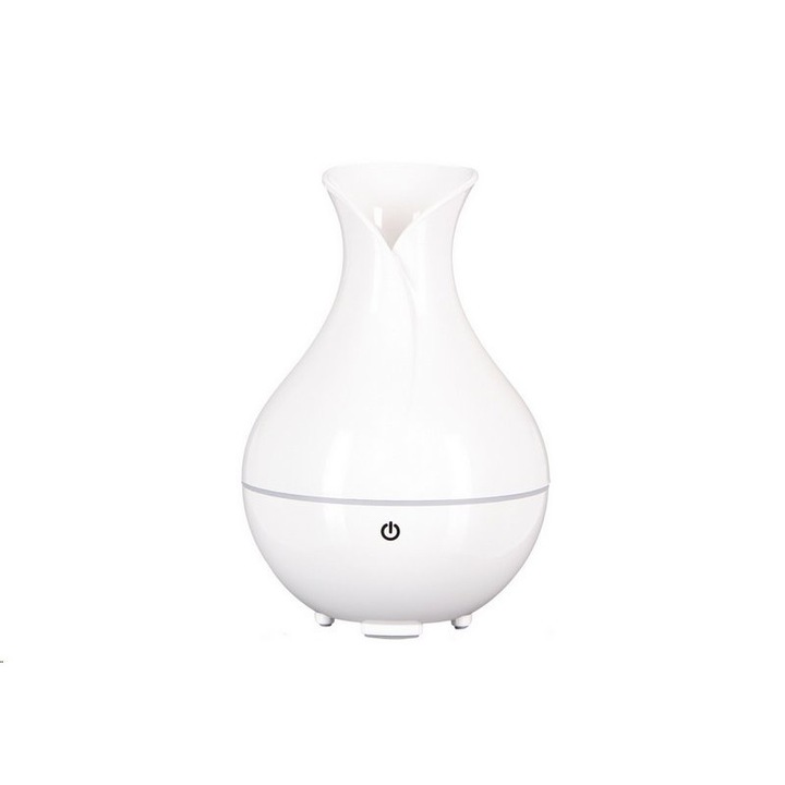 Ароматерапевтичен дифузер Selling Depot, с овлажнител, ултразвук, форма на ваза, сензорен бутон, лъскаво бяло, LED околна светлина 7 цвята, резервоар 130 ml