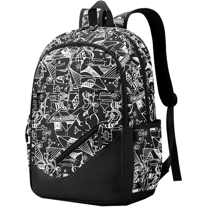 Ghiozdan adolescenti, Zola®, 3 buzunare, prelungitor incarcare USB, mufa Jack pentru casti, lacatu cu cifru, penar, 48x38x18 cm, model abstract alb cu negru