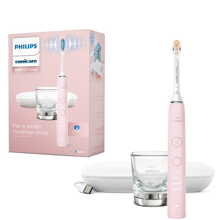 Електрическа четка за зъби Philips Sonicare HX9911/21 Diamond Clean 9000 HX9911/21, Звукова, 4 режима на почистване, 3 интензитета, 1 калъф с USB зареждане, 1 чаша, Розов