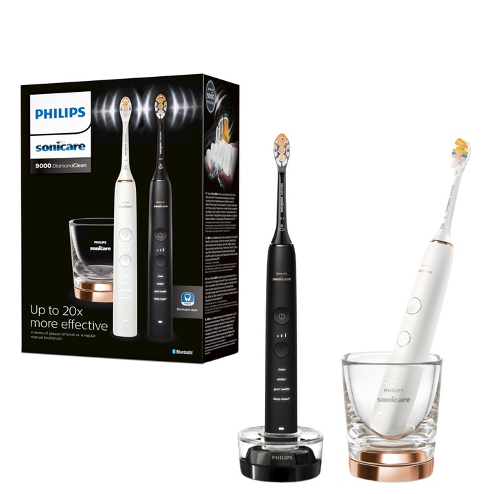 Комплект Четки за зъби Philips Sonicare HX9914/69 Diamond Clean 9000 HX9914/69, 2 броя, 4 режима на четкане, 3 интензитета, 1 поставка, 1 чаша, Бял/Черен/Златист